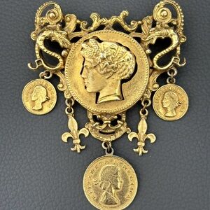 Vintage Gold Tone Regina II Faux Coins Brooch Pin 2.5 Inches